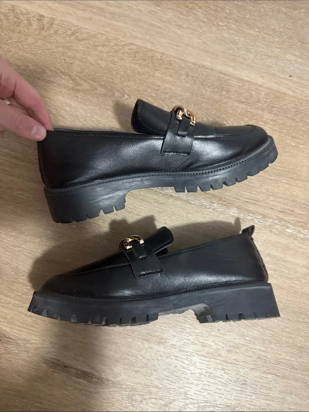 Black faux Leather Loafers with Gold Chain Detail